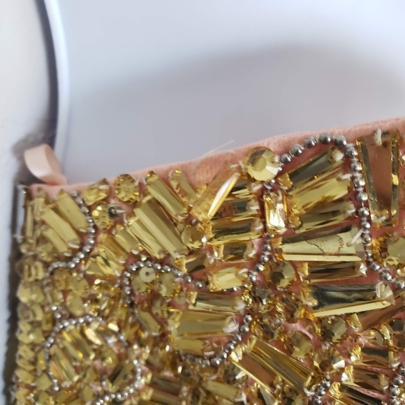 La Femme NWT Peach Apricot Maxi 10 Dress Strapless Tube Top Gold Gem Bust Flawed - Picture 10 of 10